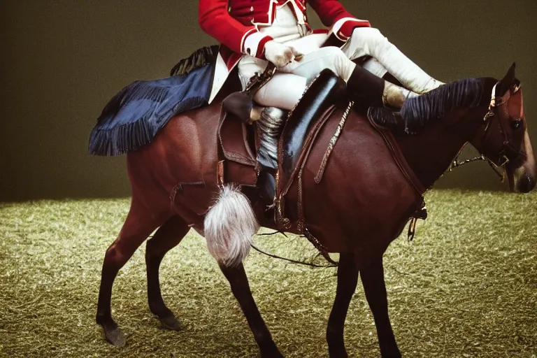 Image similar to closeup portrait of emmanuel macron dressed as napoleon riding a tiny miniature horse, natural light, sharp, detailed face, magazine, press, photo, steve mccurry, david lazar, canon, nikon, focus