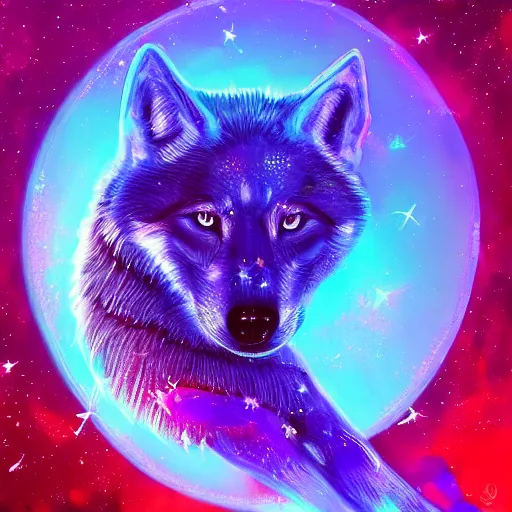 Image similar to A blue translucent wolf meditating in outer space, stars, artstation, digital art, spiritual, award winning, colourful