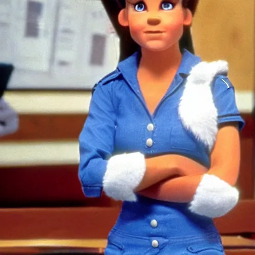 Prompt: film still, Judy Hopps as a real human! young policewoman, from Police Academy 2 (1985)