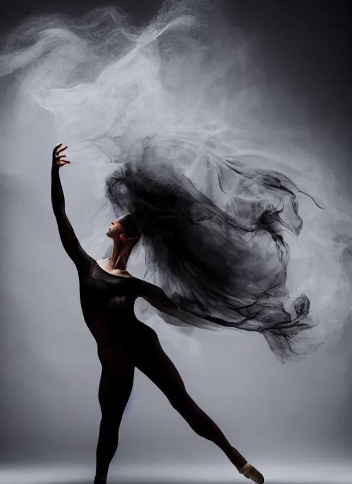 Image similar to a Photorealistic dramatic hyperrealistic render of a glamorous beautiful Female smoke dancer by Ken Brower and Deborah Ory of NYC Dance project,Lois Greenfield,Flowing cloth and smoke,Beautiful dynamic dramatic dark moody lighting,volumetric,shadows,cinematic atmosphere,Octane render,8K