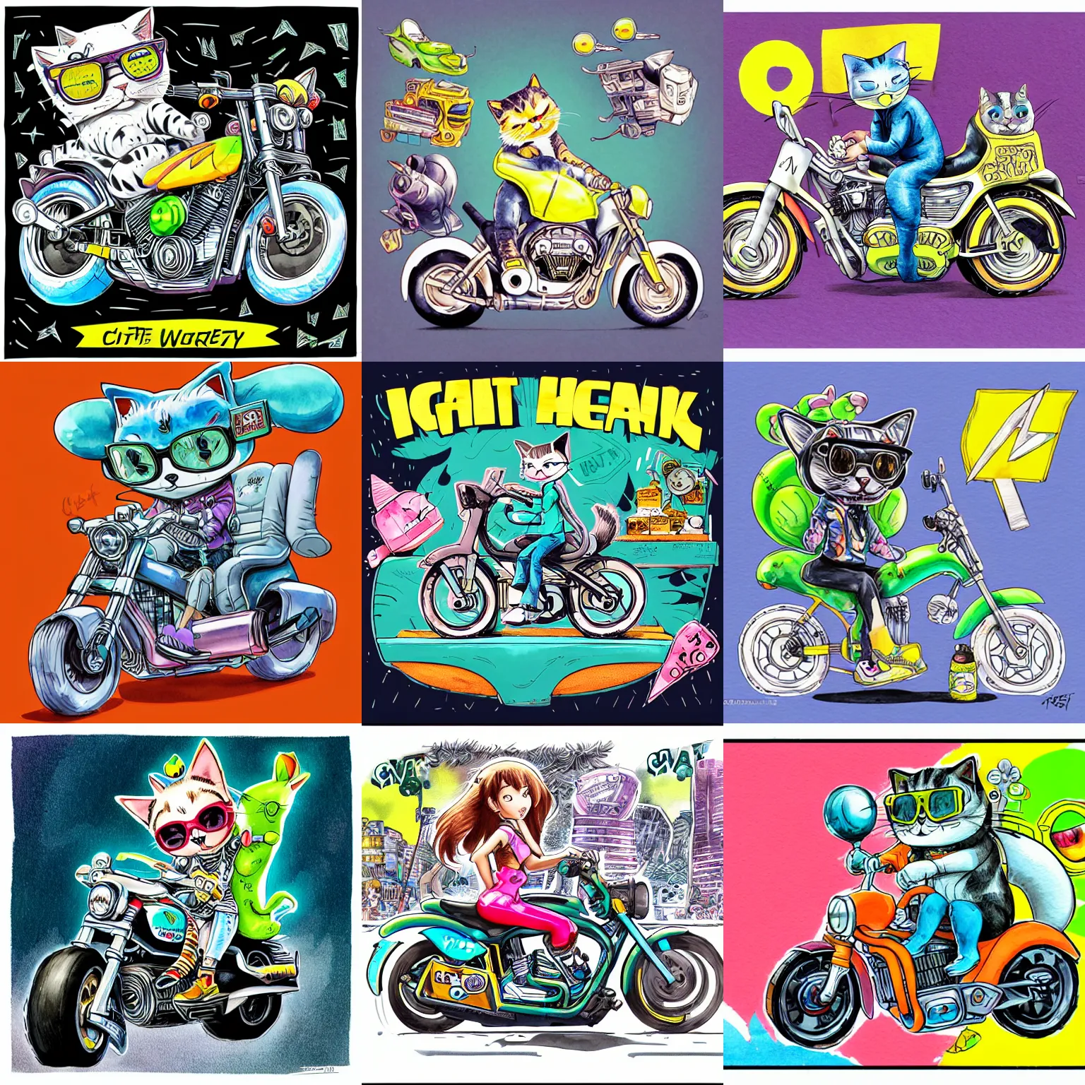 Prompt: cute and funny, a cat as a volt courier, wearing high top sneakers and sunglasses, riding a harley, ratfink style by ed roth, centered award winning watercolor pen illustration, isometric illustration by chihiro iwasaki, edited by range murata, tiny details by artgerm and watercolor girl, symmetrically isometrically centered