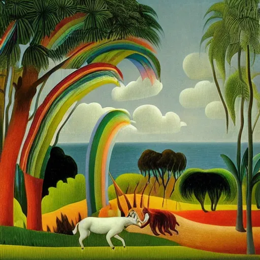 Prompt: A unicorn with a rainbow colored horn, epic scene, Henri Rousseau