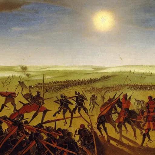 Image similar to distant evening medieval war landscape, two armies clashing on an open field, atmospheric, silhouettes