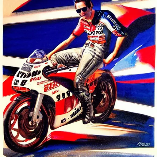 Prompt: photorealistic picture, by bob peak and alex ross, moto gp ads in 1 9 9 0 s, gouache and wash paints, fine details, fine intricate, fine facial proportionate, fine body proportionate, fine body posse, smooth sharp focus, sharp focus