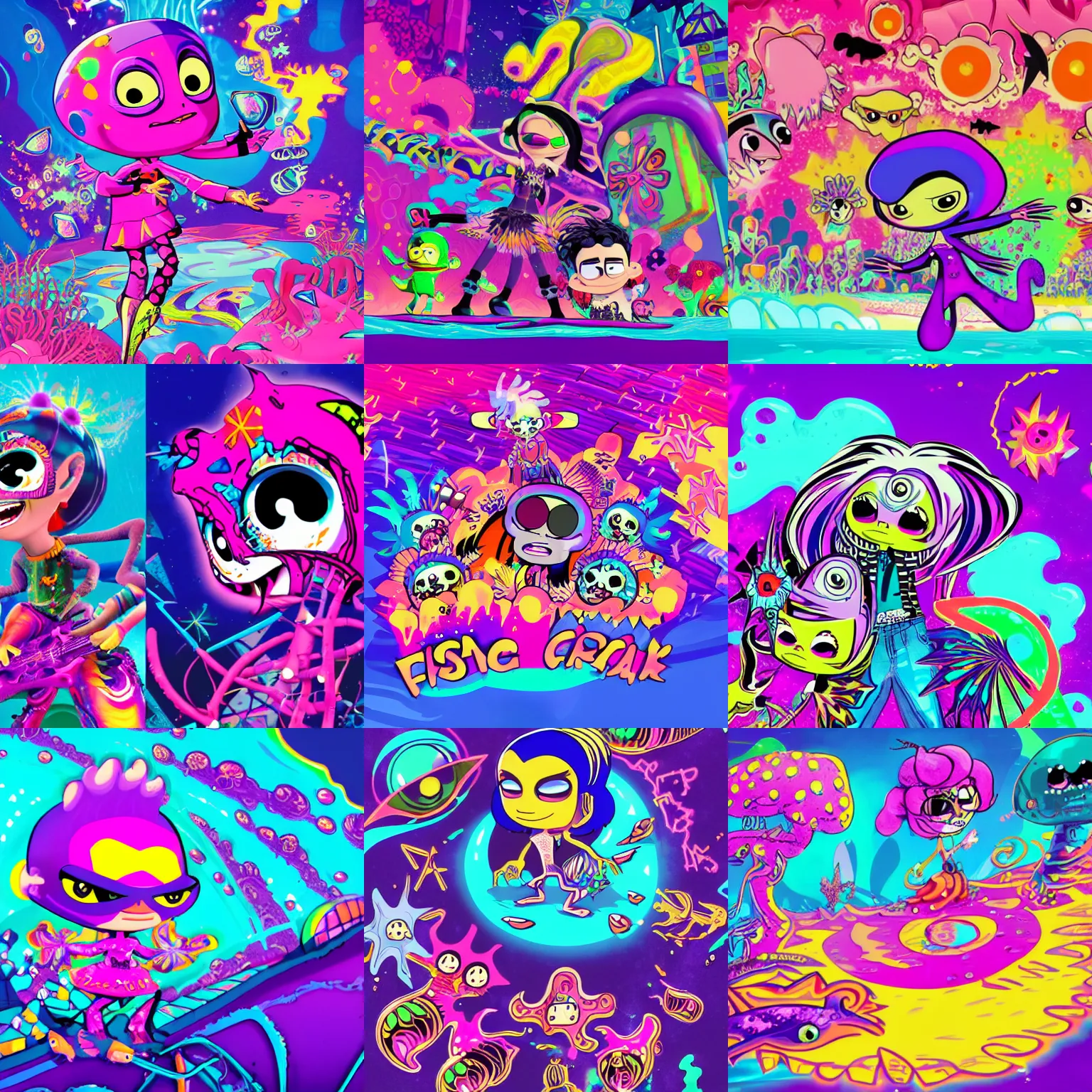 Prompt: lisa frank psychic punk rocker vampiric electrifying rockstar background designs of vibrant underwater locations filled with fish and coral by genndy tartakovsky and splatoon by nintendo and the psychonauts franchise by doublefine tim shafer artists and the creators of fret nice at pieces interactive for the new hotel transylvania film