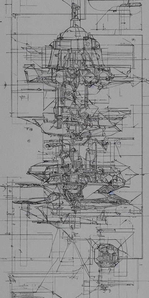 Image similar to Leonardo dav vinci intricate full page scan blueprint of concept art spacecraft, with gun emplacements on grey paper sketch ink style with dark background :: ultra-detailed technical precision :: mixed media with white and silver lines, realistic composition, point of interest at golden ratio, light from right, more darkness on the bottom, monumentally art composition, high quality of sketching with subtle hairlines, highly detailed rounded forms, inside out and outside in, octane render