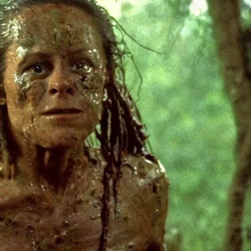 Image similar to film still of a mud - covered sigourney weaver as major dutch hiding behind a rock from the predator in predator 1 9 8 7, hd, 8 k