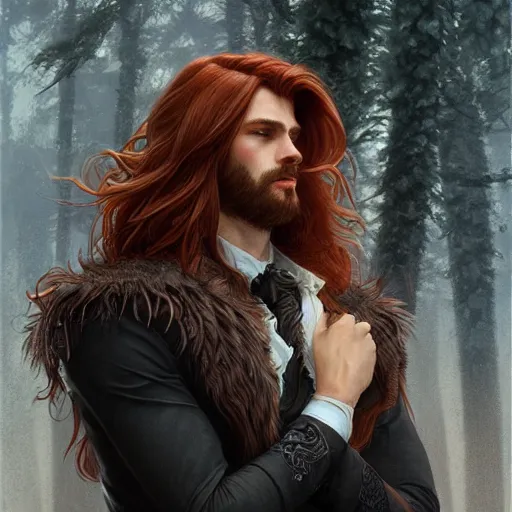 Image similar to portrait of a wolf, male, handsome, masculine, full body, red hair, long hair, soft hair, fantasy, intricate, elegant, highly detailed, suit, coffee shop, digital painting, artstation, concept art, character art, smooth, sharp focus, illustration, art by artgerm and greg rutkowski and alphonse mucha