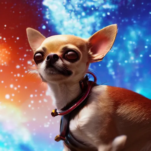 Prompt: Chihuahua cyborg, mechanical, celestial background, octane, 4k, hyper realism, sharp focus