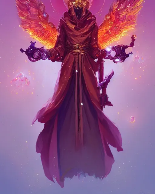 Image similar to a character portrait of only one male angel of justice with golden fiery wings, surrounded with spiriling sparkling rose crystals, by peter mohrbacher, hyper light drifter, by ilya kuvshinov katsuhiro, jim burns, wadim kashin, greg rutkowski, trending on artstation