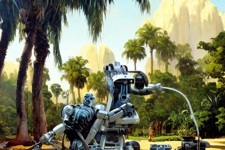 Image similar to natural american landscape | robot repairing another robot | palm trees, painting by syd mead and weta studio and james jean, frank frazetta, highly detailed, rule of third, soft lighting, 8 k resolution, oil on canvas, architectural magazine, beautiful detailed, insanely intricate details, artstation trending, hypermaximalistic, high details, cinematic