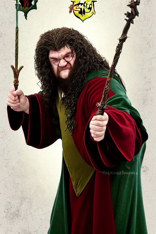 Image similar to hagrid frog mage, gryffindor, magic wand, hogwarts, high details, best composition, harry potter, dramatic pose, 4 k