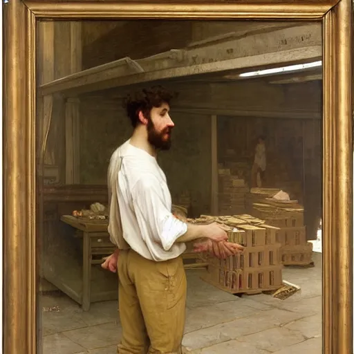 Image similar to an oil painting of an man working in warehouse he doing sorting package, view from back, by Bouguereau, highly detailed and intricate, 1500,