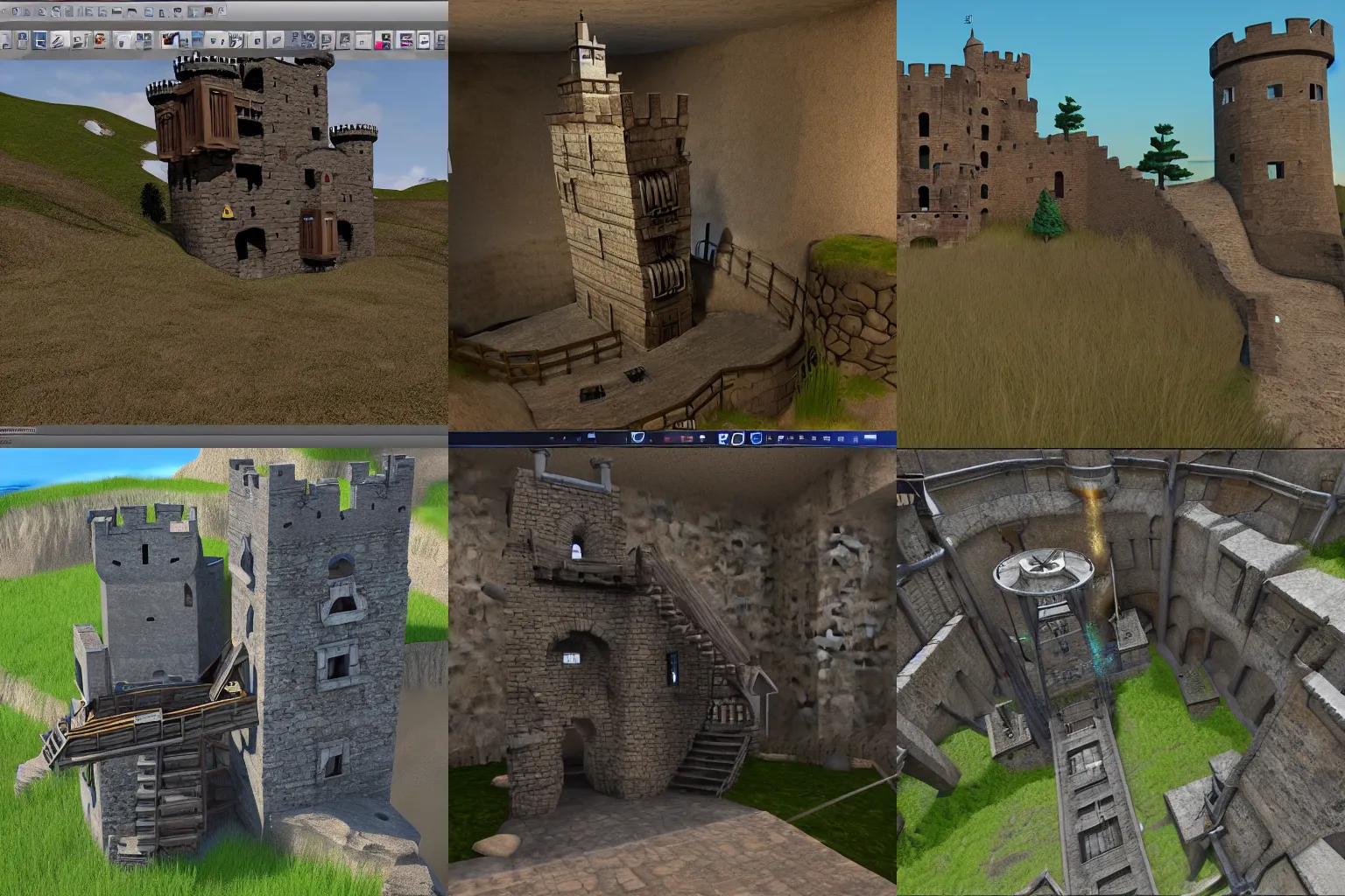 Prompt: Castle with open mine shaft elevator, game, side view, unreal engine