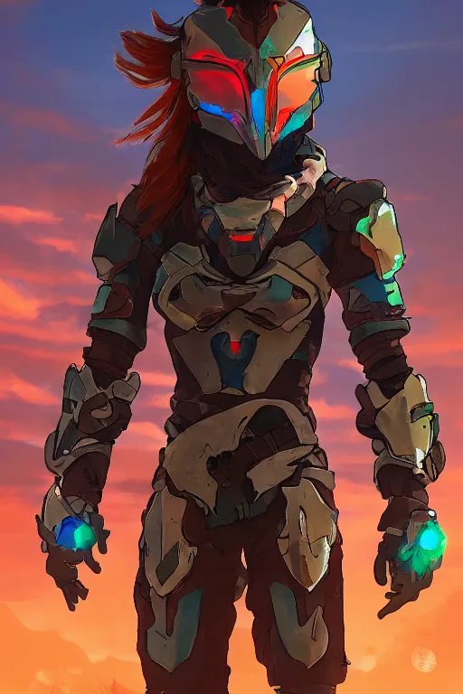 Image similar to combination suit armor aloy horizon forbidden west horizon zero dawn radiating a glowing aura global illumination ray tracing hdr fanart arstation by ian pesty and alena aenami artworks in 4 k tribal robot ninja mask helmet backpack