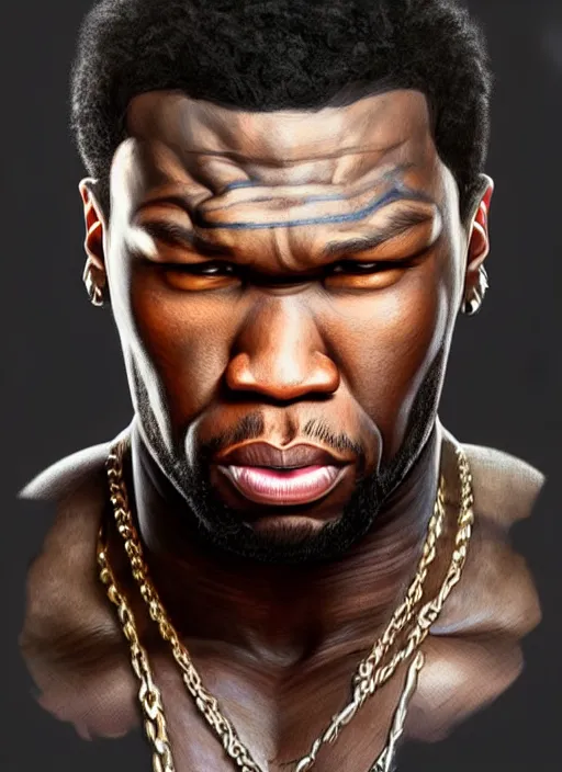 Image similar to Portrait of 50 cent, D&D, muscular, fantasy, intricate, elegant, highly detailed, digital painting, artstation, concept art, smooth, sharp focus, illustration, art by artgerm and greg rutkowski and alphonse mucha