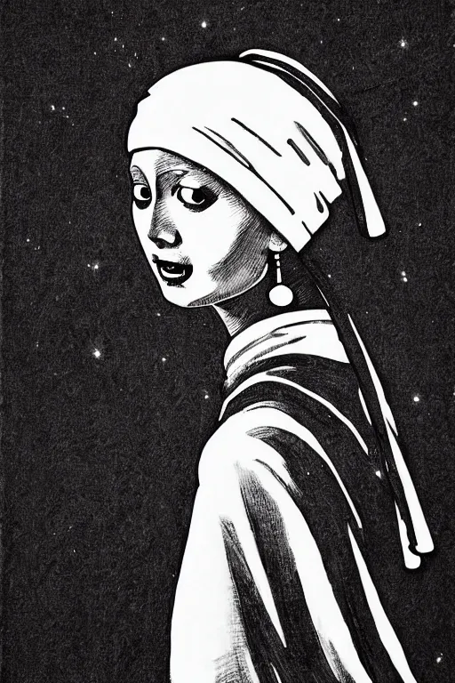 Image similar to beautiful portrait of a woman, negative no not the girl with a pearl earring, highly detailed ink illustration of a narrow neon lit tokyo alley, b & w clean shaped illustration by kim jung gi, ric estrada, ron english and eiichiro oda