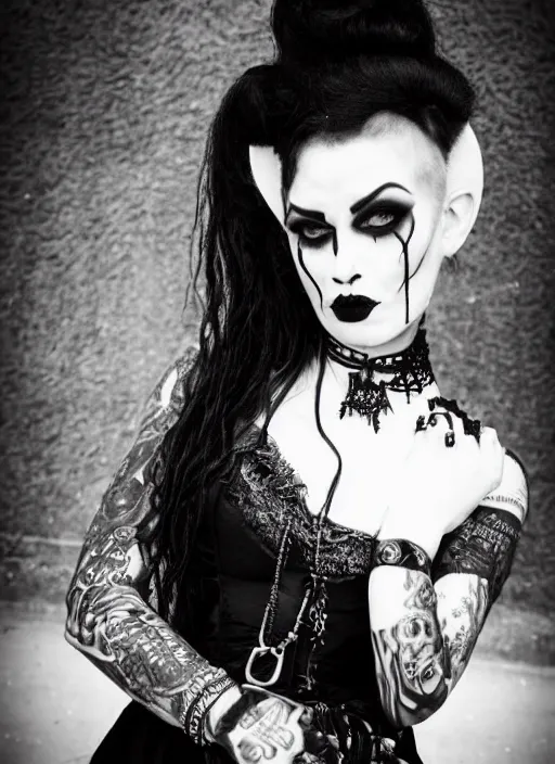 Image similar to black and white photo with a beautiful portrait of a goth girl with piercings in a collar with a mohawk hairstyle in a medieval dress. witch, true goth, makeup.