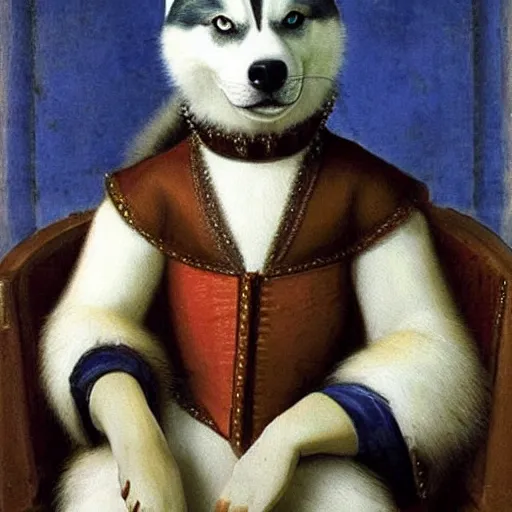 Image similar to a Husky dog sitting wearing a royal suit, renaissance painting, high quality, high detail, portait