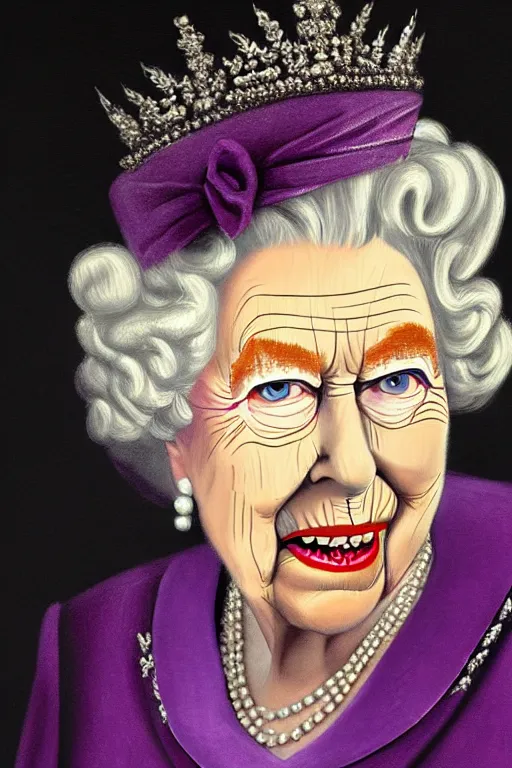 Image similar to Queen Elisabeth II is a vampire, portrait, epic fantasy game, Background is a curtain of purple Velvet, oil painting, hyper detailed, hyper realistic, by Botticelli, portrait