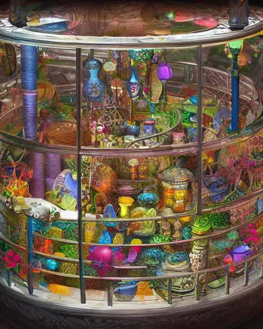 Prompt: intricate illustration, of a solarpunk marketplace, inside a glass jar. intricately detailed. beautiful. colourful. 3 d vray render, artstation, deviantart, pinterest, 5 0 0 px models