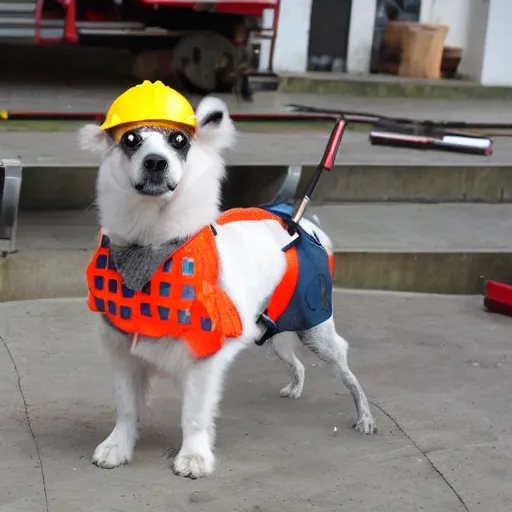 Prompt: a dog wearing construction work outfit with tools