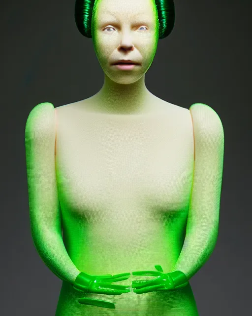 Image similar to portrait of a woman wearing a green embroidered translucent silicone mask and white frizzy hair buns, wearing a black bodysuit by alexander mcqueen, cream white background, soft diffused light, biotechnology, humanoide robot, bjork aesthetic, translucent, by rineke dijkstra, intricate details, highly detailed, masterpiece,