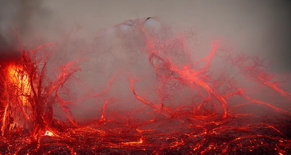 Image similar to a volcano made of ivory vines and crimson rocks enters in eruption, it spits a smoke in the shape of demonic eye, by gregory crewdson