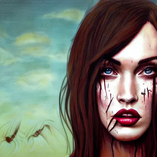 Image similar to surrealism painting of megan fox | horror themed | creepy