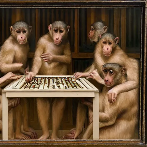 Image similar to churning versacci, starbucks by dino valls, by louis icart. a beautiful painting of a group of monkeys playing backgammon. the monkeys are seated around a table, with some of them appearing to be deep in concentration while others appear to be playing more casually.