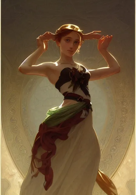 Image similar to zelda dance, intricate, elegant, highly detailed, digital painting, artstation, concept art, smooth, sharp focus, illustration, art by artgerm and greg rutkowski and alphonse mucha and william - adolphe bouguereau