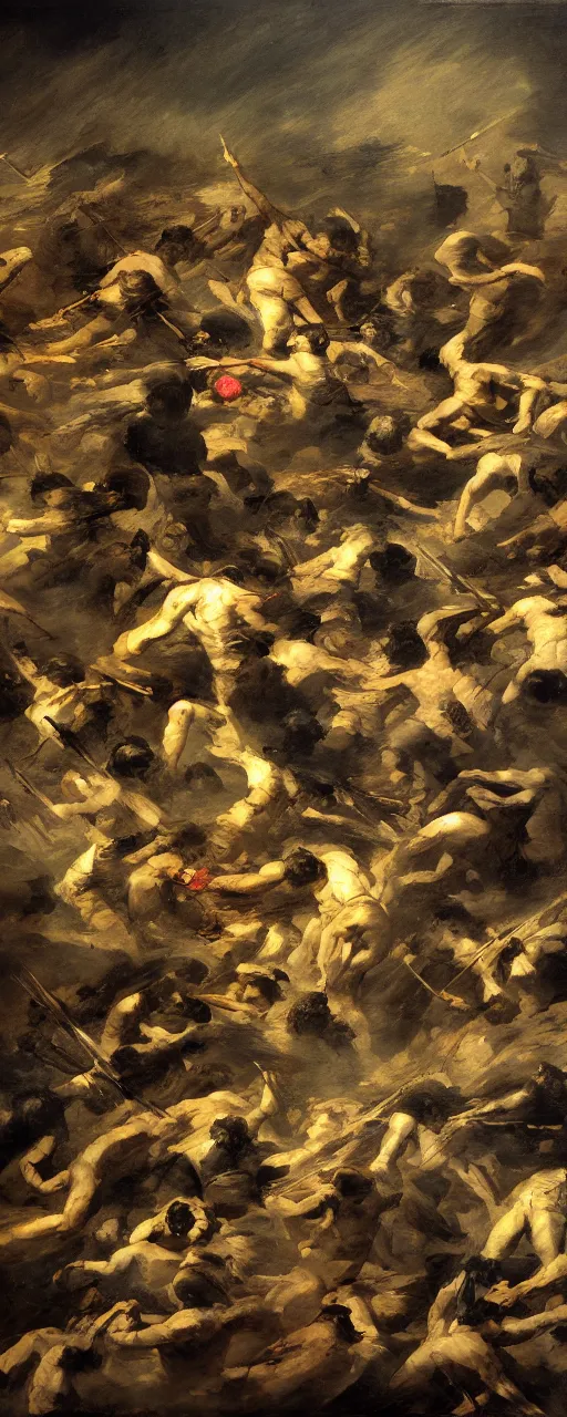 Image similar to war, fire, dark stone, explosions, a hundred humans with angry faces fighting eachother, in the style of francisco goya, 8 k, trending on artstation, hellish color scheme