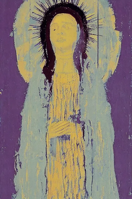 Image similar to virgin mary of lourdes painted by cy twombly and andy warhol