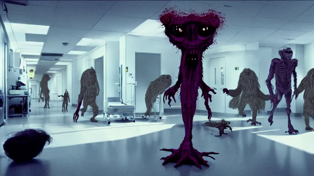 Prompt: monsters invade the hospital, film still from the movie directed by denis villeneuve and david cronenberg with art direction by salvador dali, wide lens