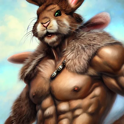 Image similar to portrait of a very cute fursona rabbit barbarian, muscular, wild, d & d, fantasy, intricate, cinematic lighting, highly detailed, digital painting, artstation, concept art, smooth, sharp focus, illustration, art by hajime sorayama