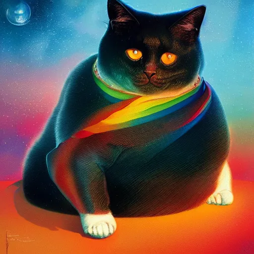 Prompt: a dramatic body portrait of an obese cat with rainbows and space behind it, cinematic lighting, symmetric face by karol bak, christopher balaskas