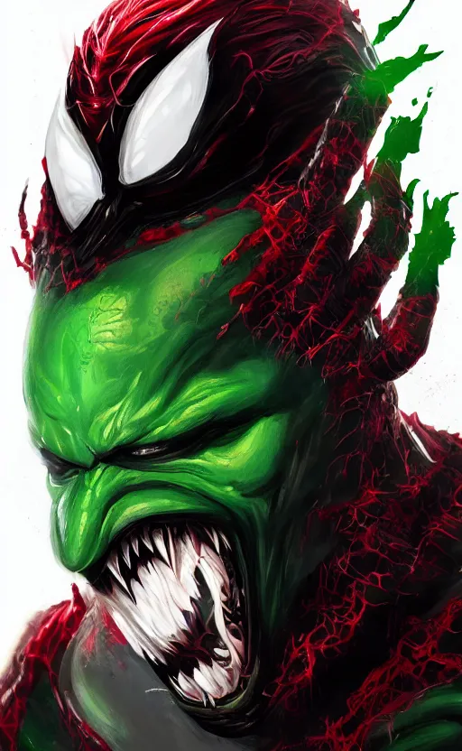 Image similar to portrait of venom as the green goblin, black and red, dynamic lighting, cinematic, ultra detailed, trending on art station, stunning visuals, creative, fantasy concept art