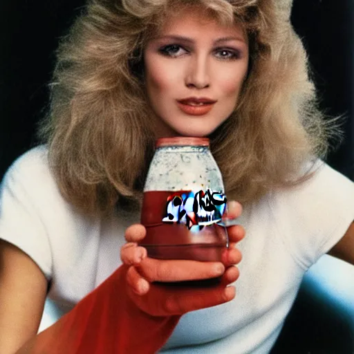 Prompt: a 1980s supermodel holding a coke bottle in her left hand about ready to take a sip