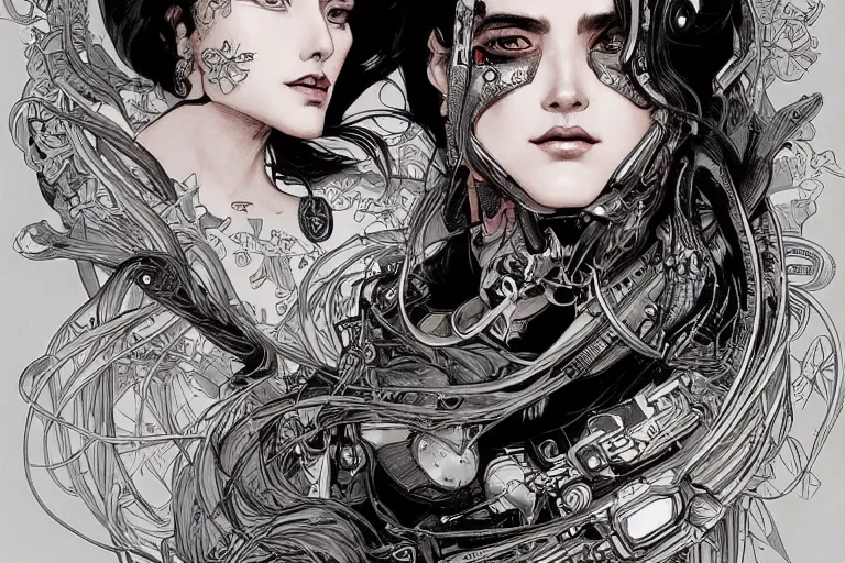 Prompt: comic book illustration, portrait of a very pretty girl with a joe fenton tattoo on her face, cyberpunk concept art by artgerm and Alphonse Mucha and Moebius, highly detailed, intricate, sci-fi, sharp focus, Trending on Artstation HQ, deviantart