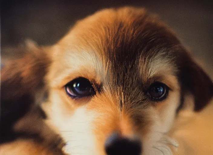 Image similar to a extreme close - up photo, color studio photographic portrait of a little dog, dramatic backlighting, 1 9 7 3 polaroid photo from life magazine,