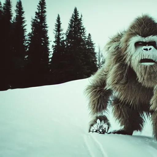 Image similar to a monstrous yeti wanders through a mountainous snowy landscape