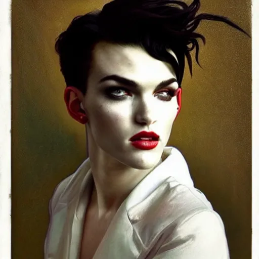 Image similar to stunning portrait of androgynous ruby rose as desire from sandman in a white tuxedo!!!, rockabilly style,, by alphonse mucha, by jeremy mann, by peter lindbergh, dave mckean, by maurice sapiro, by frank moth, white suit and black tie, soft lightning, high detailed, 8 k