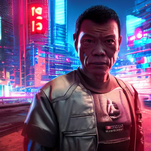 Prompt: cyberpunk rodrigo duterte, macro, vibrant, 30mm photography, gta artstyle, wide shot, dramatic lighting, octane render, hyperrealistic, high quality, highly detailed, artstation, HD, beautiful, cinematic, 8k, unreal engine, facial accuracy, symmetrical