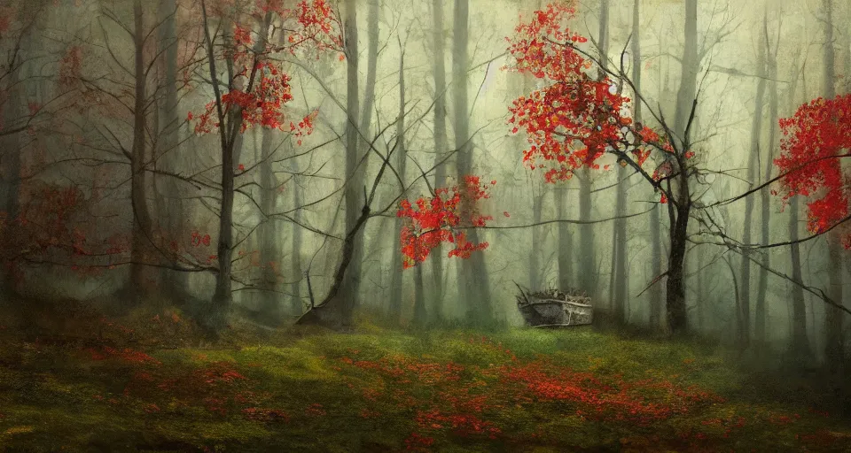 Prompt: an old broken sailing ship in an autumn forest, green and red tones, by Aron Wiesenfeld and beksincki, cinematic, detailed illustration, nature, fog, dark colors, suspense, intricate, 8k