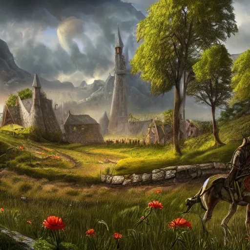 Image similar to medieval fantasy meadow landscape, digital art, trending on artstation, highly detailed, 4k, hd