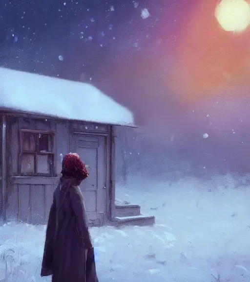 Prompt: face portrait of a beautiful girl in a coat and bra, close portrait, snow - covered small house in a background, night, stars in the sky, the milky way in the sky, winter landscape, painting by craig mullins, octane rendering, wide angle lens, in the style of hayao miyazaki, trending on artstation,