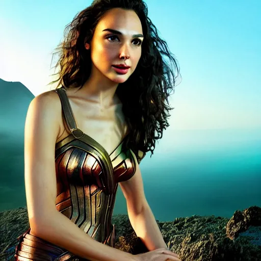 Image similar to Portrait of the beautiful woman Gal Gadot, she is posing, she has a crown of flowers, she is sitting on a rock at the side of a volcano, there is fog, she is getting ulluminated by the rays of the sunset, the photo was taking by Steve McCurry, matte painting, oil painting, naturalism, 4k, 8k