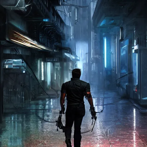 Prompt: a detailed full bodied 3 d render of an extremely handsome jensen ackles as the terminator walking down a dark alley futuristic sci fi city, holding a glowing futuristic crossbow, volumetric lighting, octane render, 8 k, art by greg rutkowski and albert bierstadt and alphones mucha