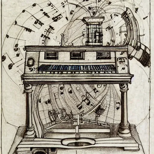 Image similar to music machine designed by di fate drawn by da vinci, detailed pen and ink illustration