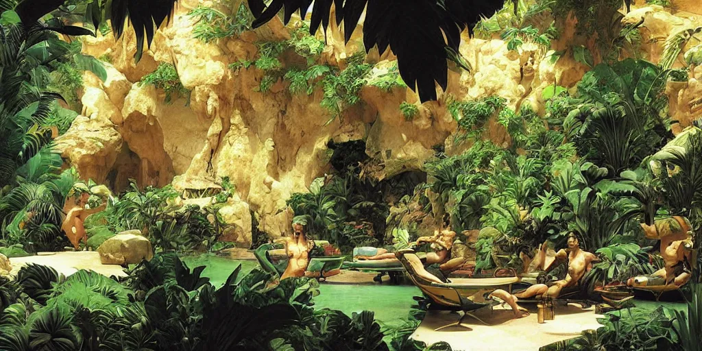 Image similar to a tropical cave that renovate as a luxury interior by syd mead, frank frazetta, ken kelly, simon bisley, richard corben, william - adolphe bouguereau